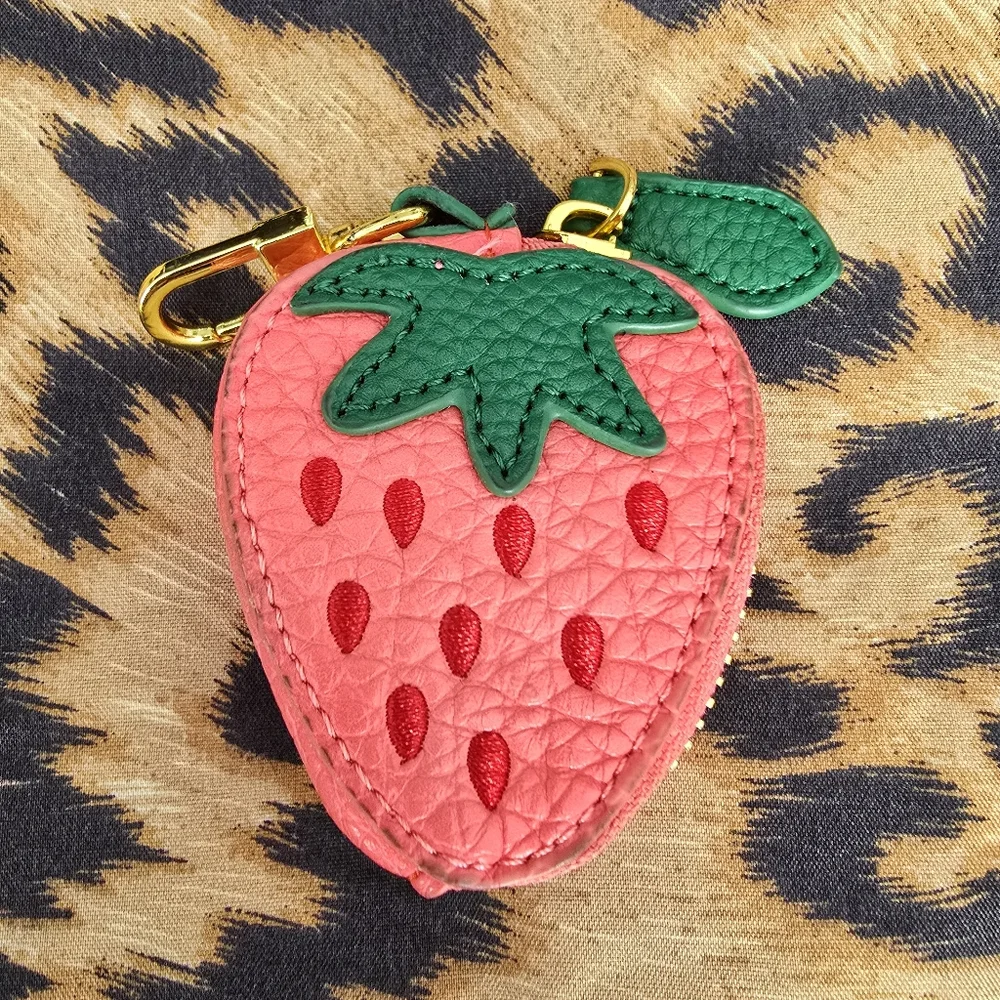 Strawberry-Shaped Pink and Green Coin/ Airtag Pouch - Picture 3 of 8